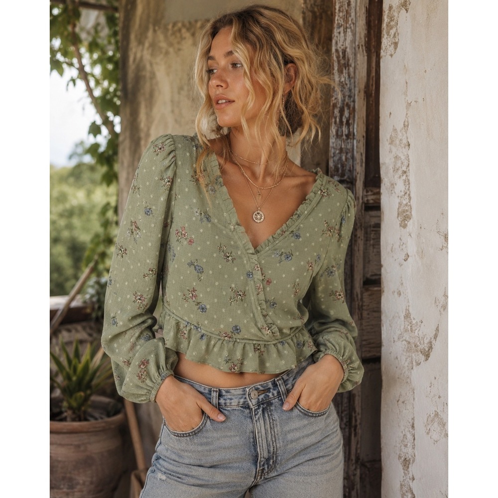 SO Floral Swiss Dot Wrap Crop Top Sage Green Smocked Back Womens XS